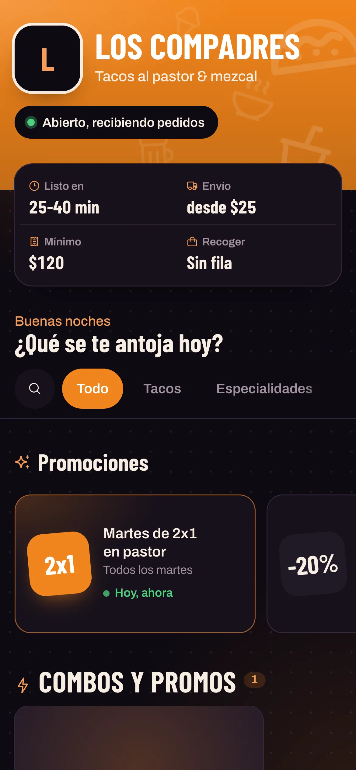 Carta en línea de un restaurante en el celular del cliente, lista para pedir
