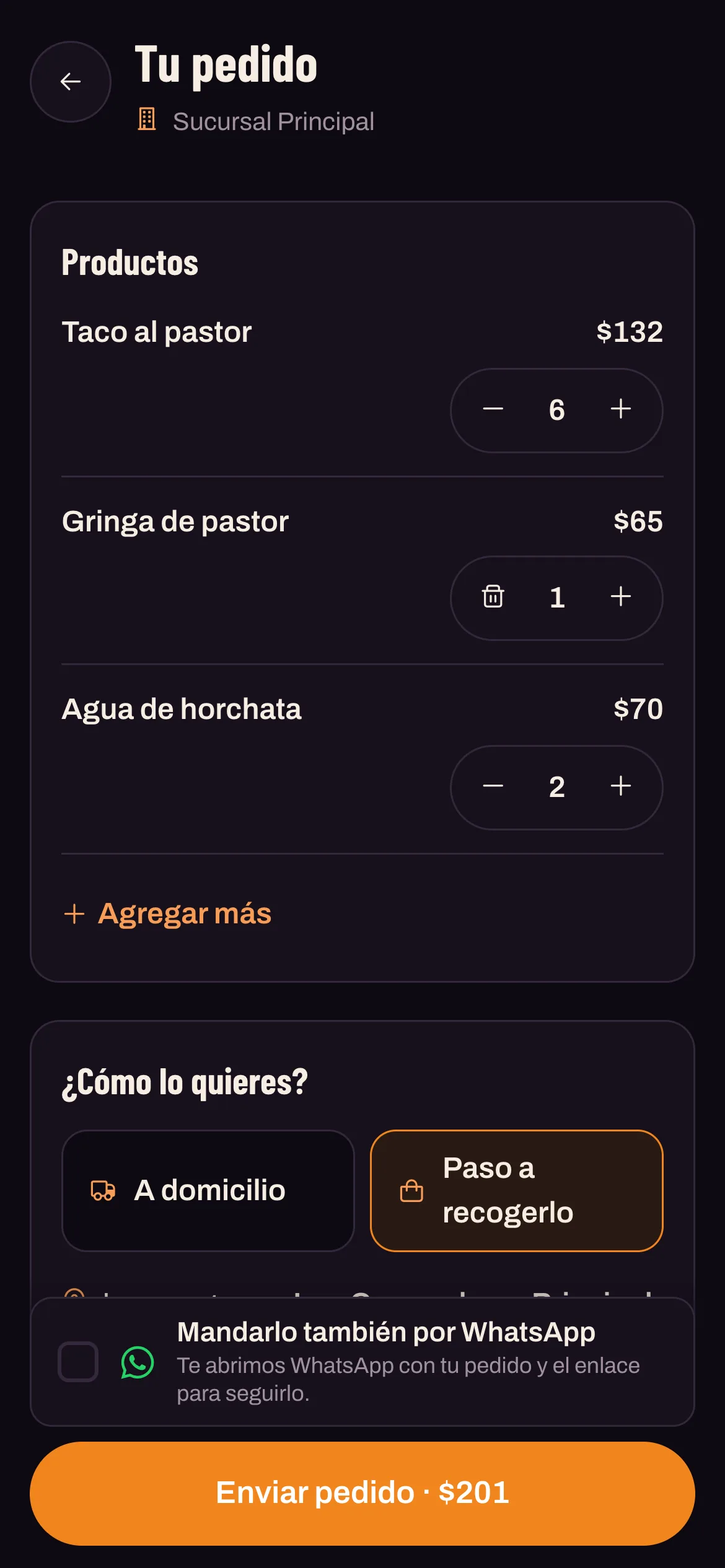 Pantalla para confirmar el pedido con dirección, datos y forma de pago