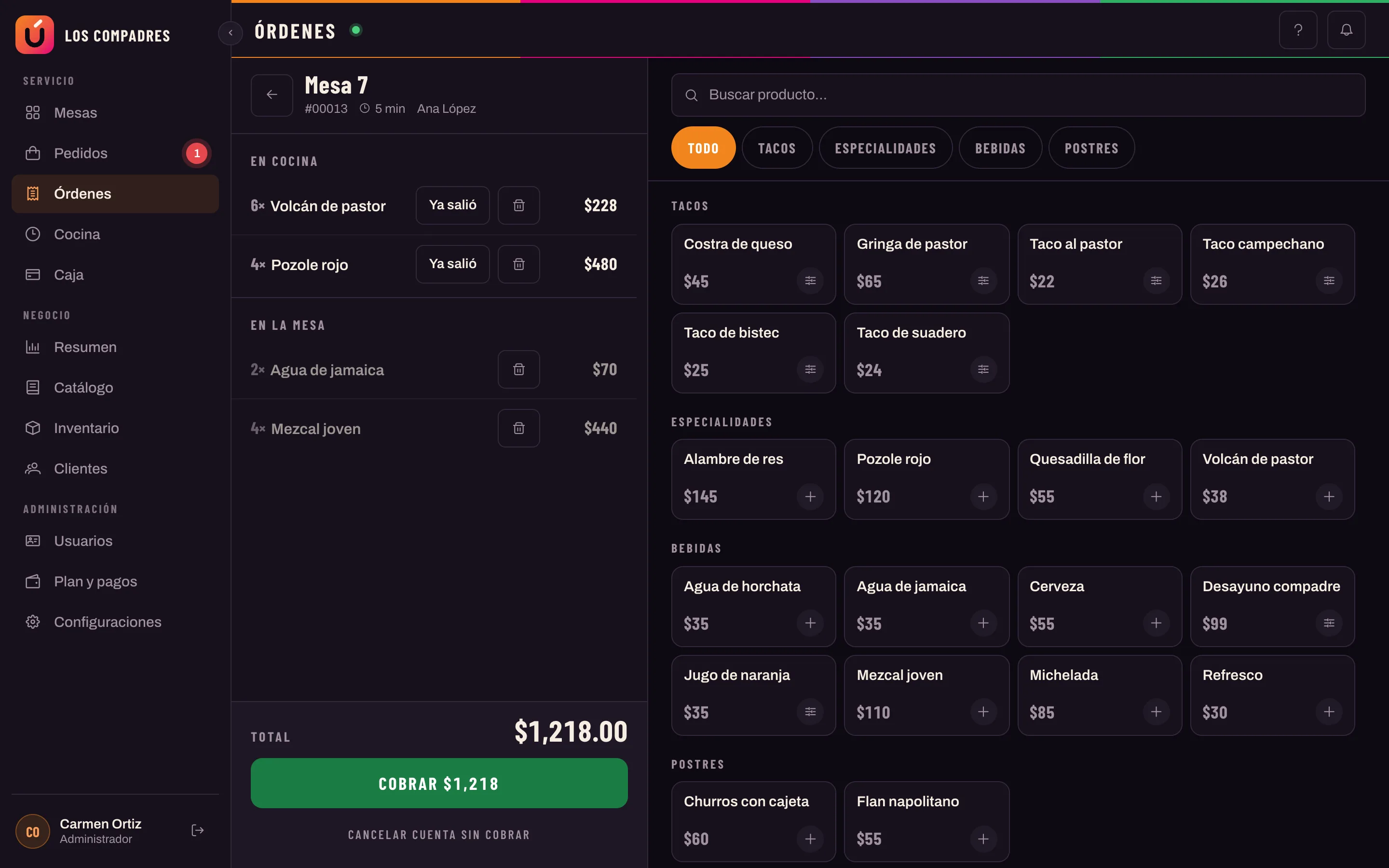 Pantalla para levantar una comanda con la carta por categorías y la cuenta de la mesa