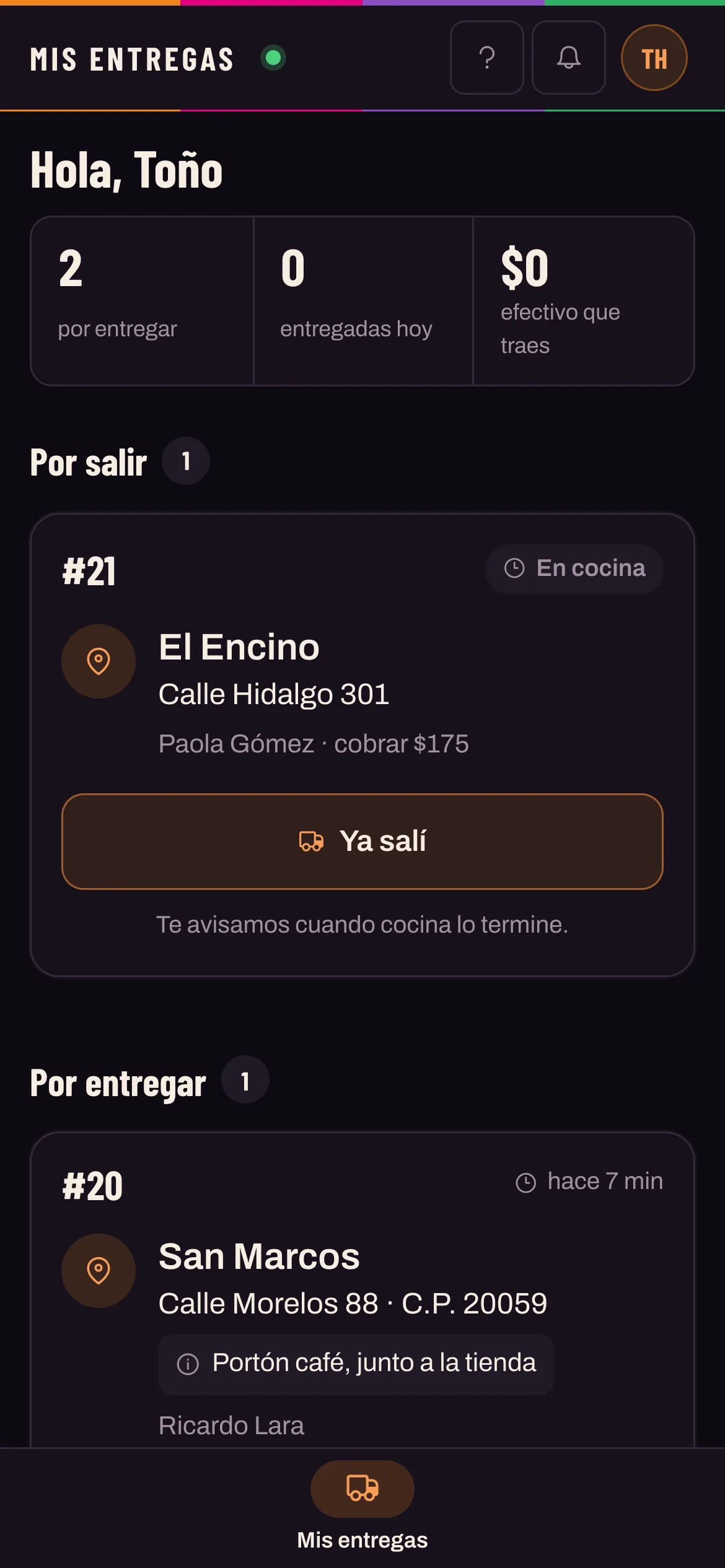 Vista del repartidor en el celular con la dirección de entrega y el cobro