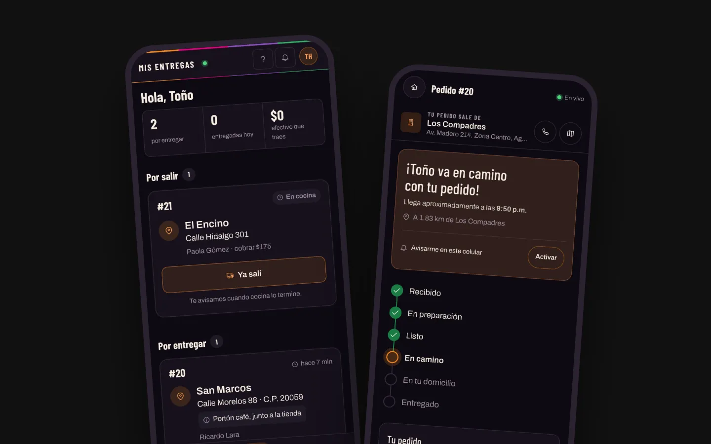 Las entregas del repartidor y el seguimiento en vivo que ve el cliente