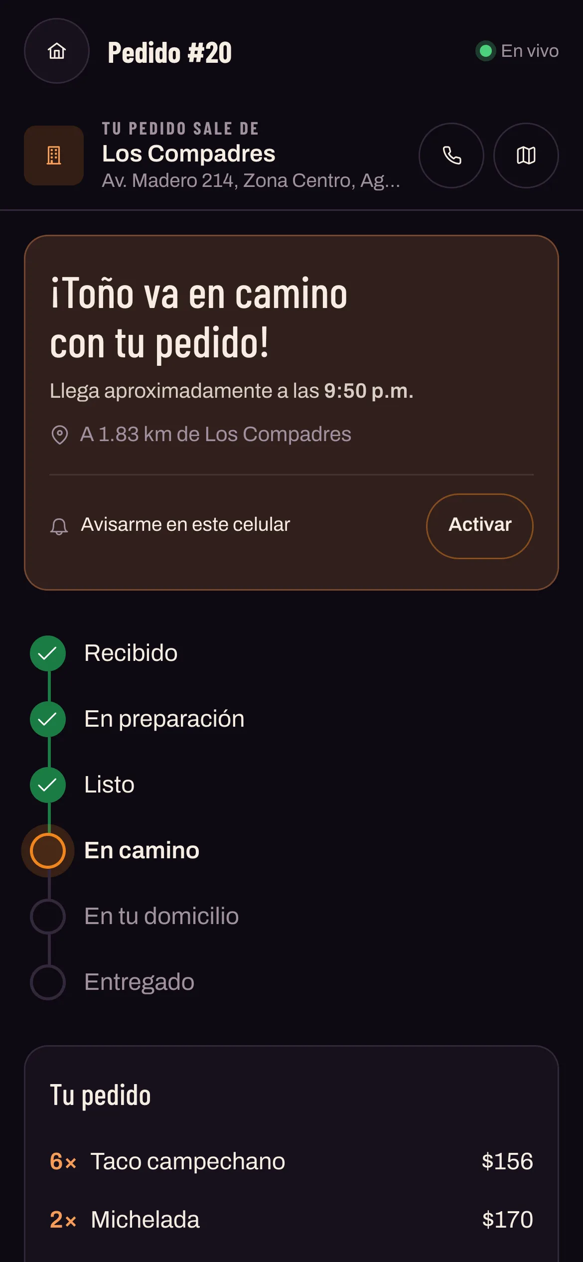 Seguimiento del pedido en vivo con su estado y el repartidor